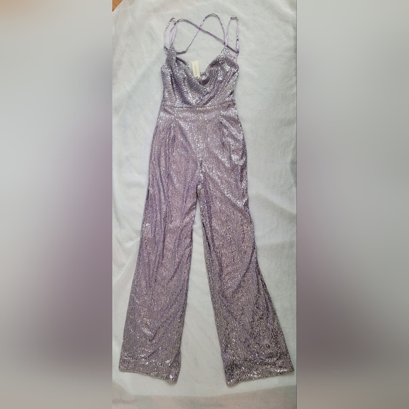 NWT!Anthro Sequin Cowl Neck Wide Leg Women's Chic Ranna Gill Purple Jumpsuit XS - Picture 8 of 17